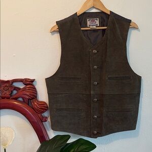 Vintage New Terrain Olive Green Leather Button Down Vest Size M